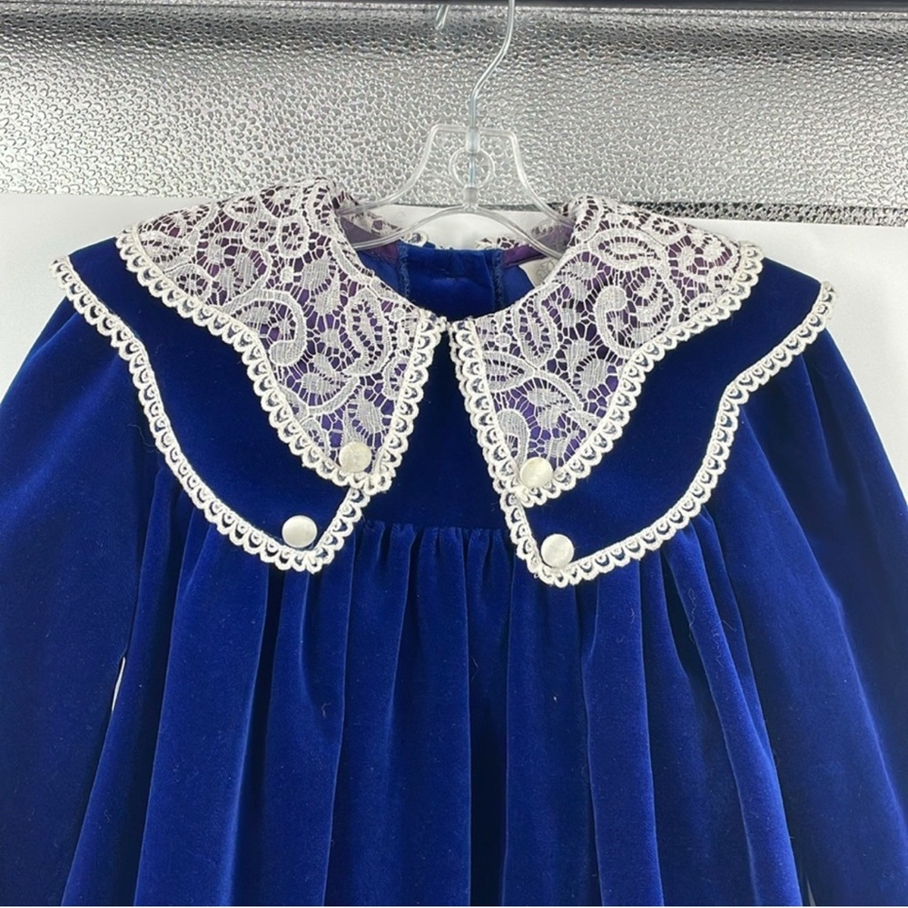 Vintage 70’s Rare Editions blue double collar velvet lace dress Size 5 - Picture 5 of 6